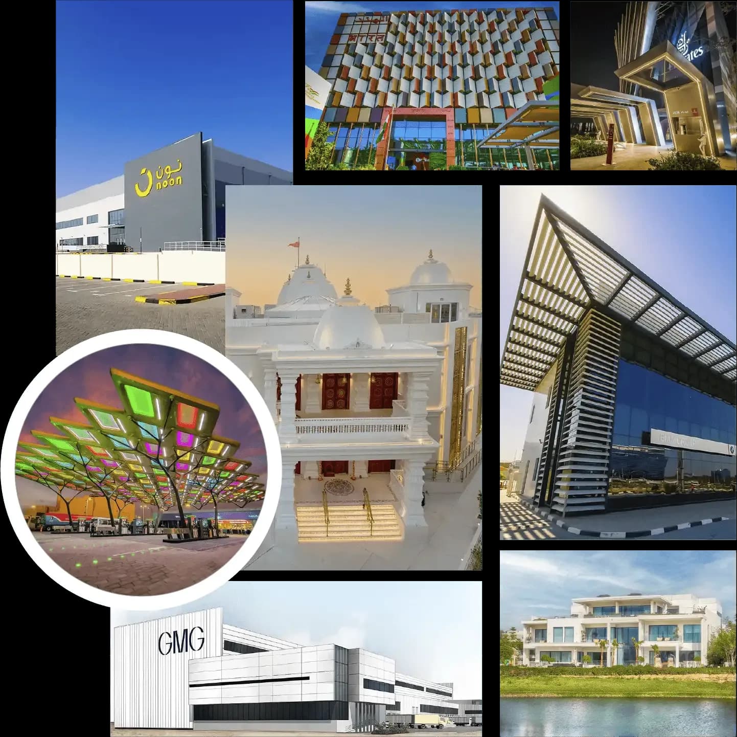 A collage of buildings delivered by City Diamond Contracting, including the noon fulfillment center, the Indian Pavilion at EXPO2020 Dubai and an Emirates pavilion