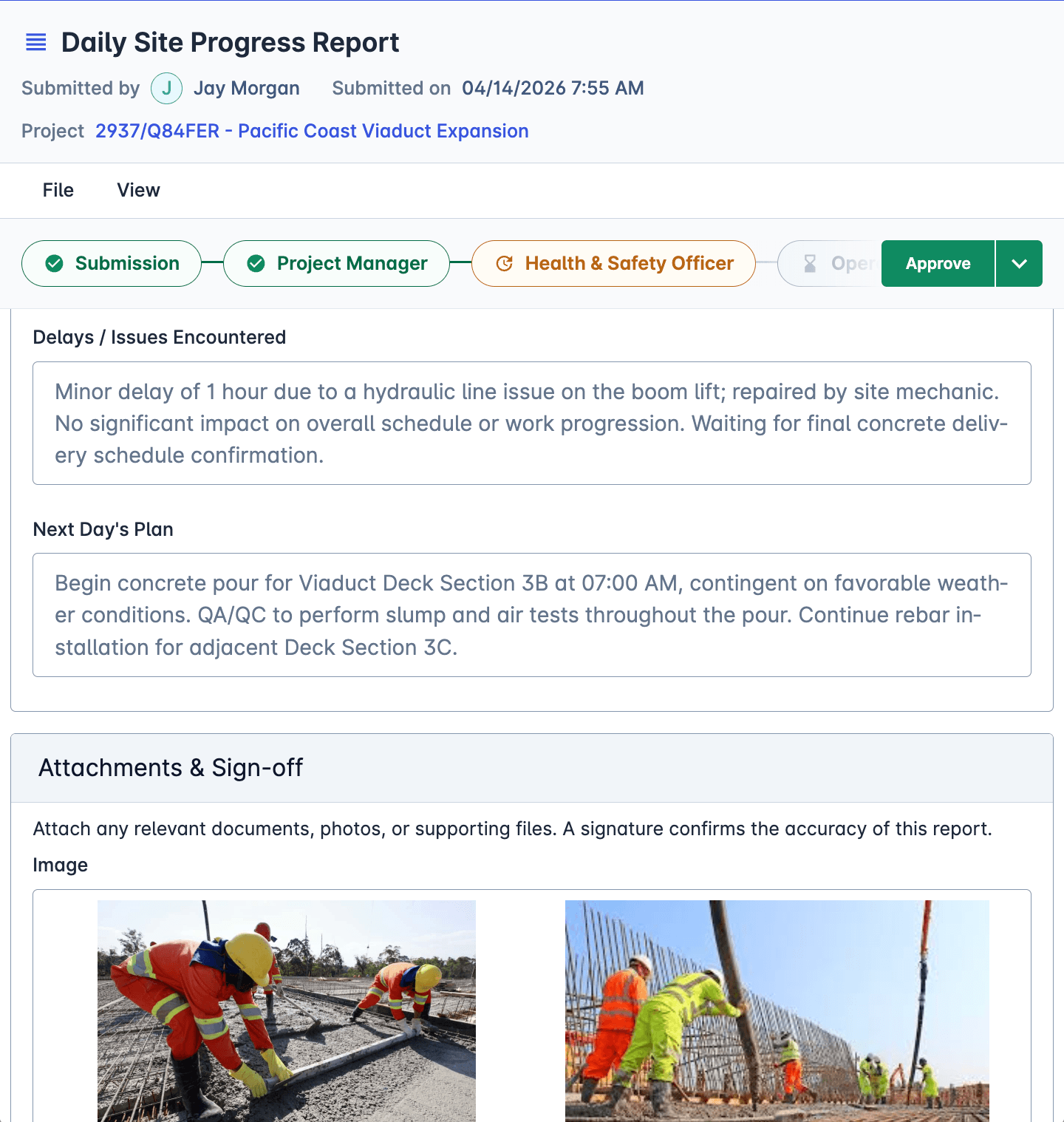 Archdesk daily site progress report with approval flow, delays, next day plan and site photos
