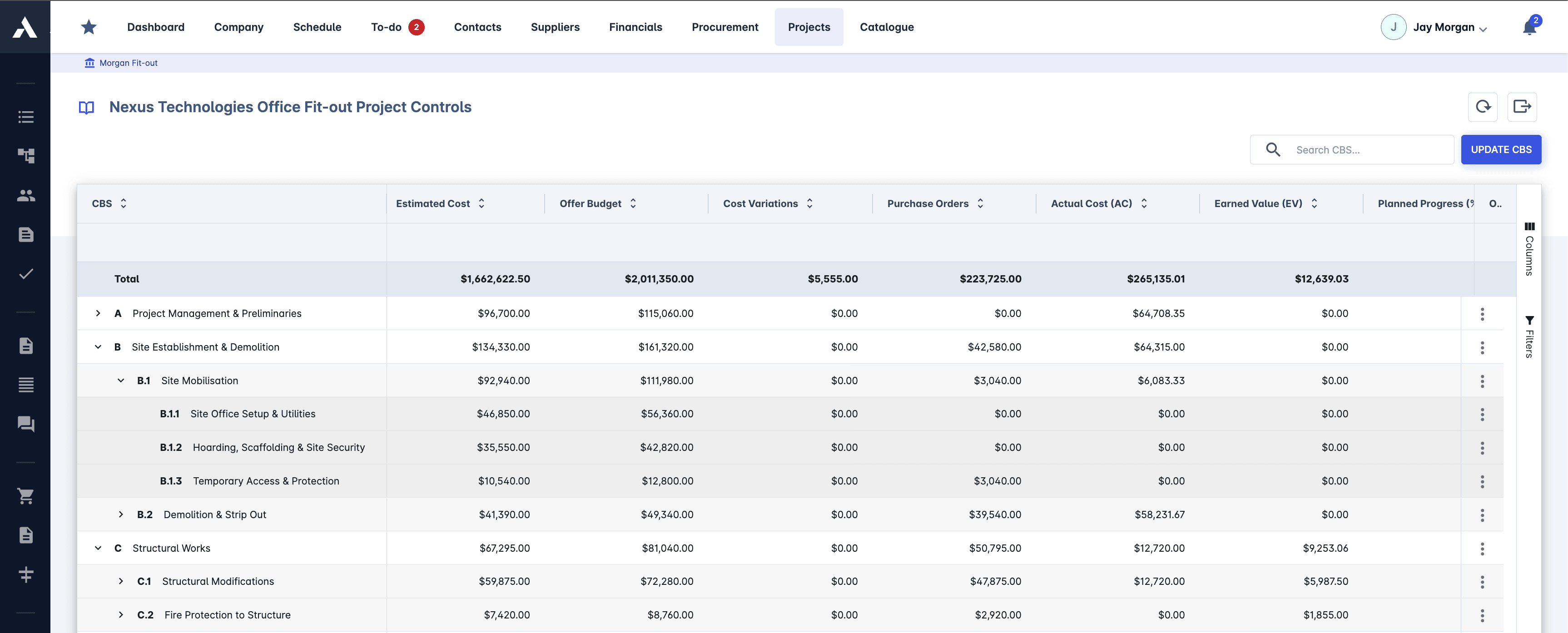 Archdesk project controls with estimated cost, budget, variations, purchase orders, actual cost and earned value per cost line