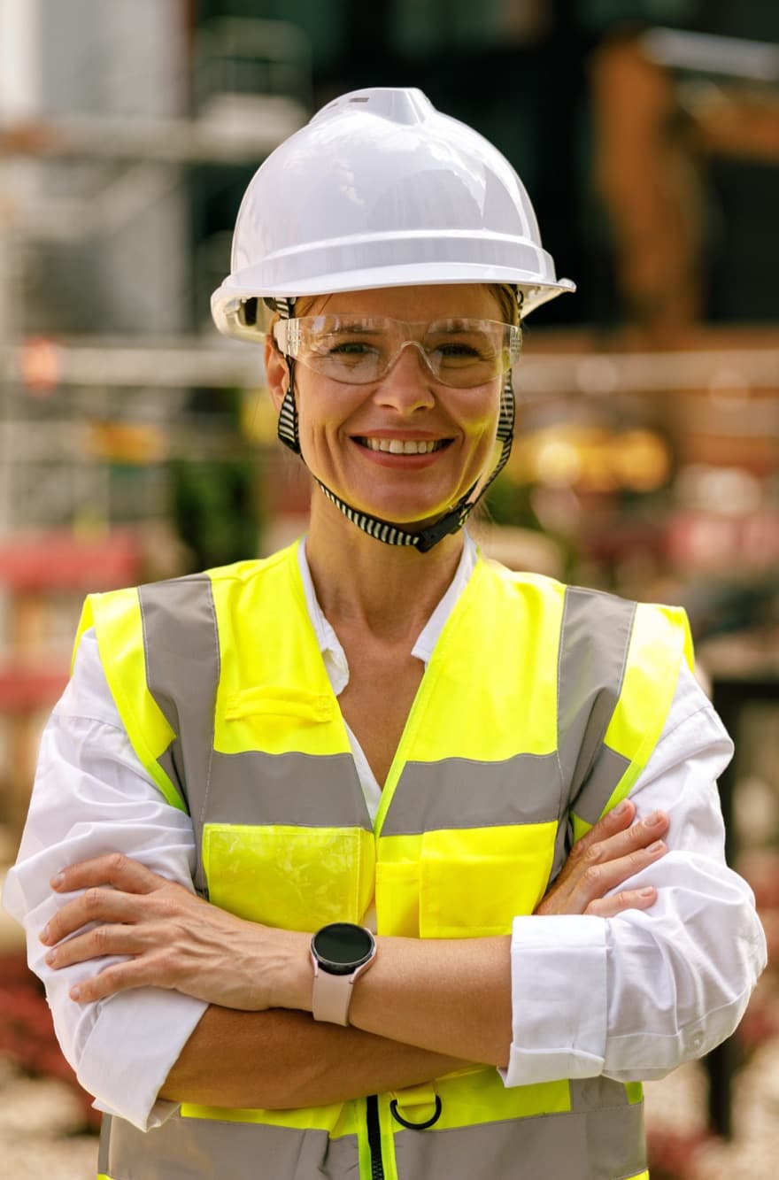 Smiling site manager in safety glasses and hi-vis standing with arms crossed