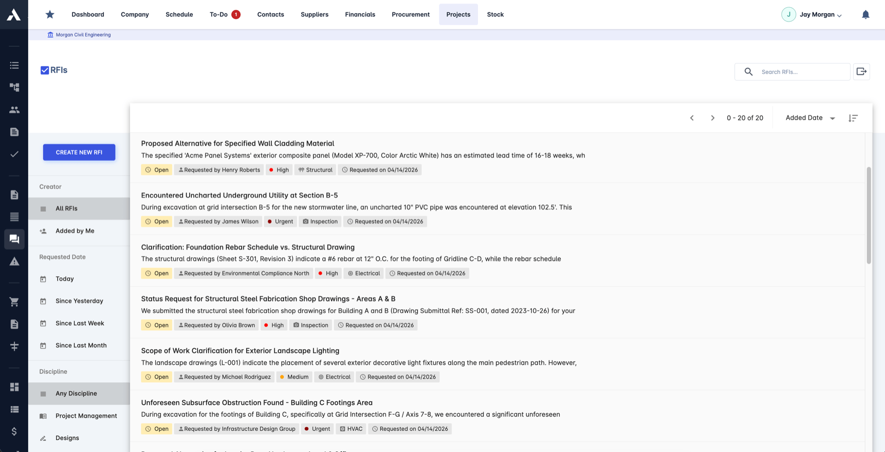 RFI Creation and Tracking screenshot