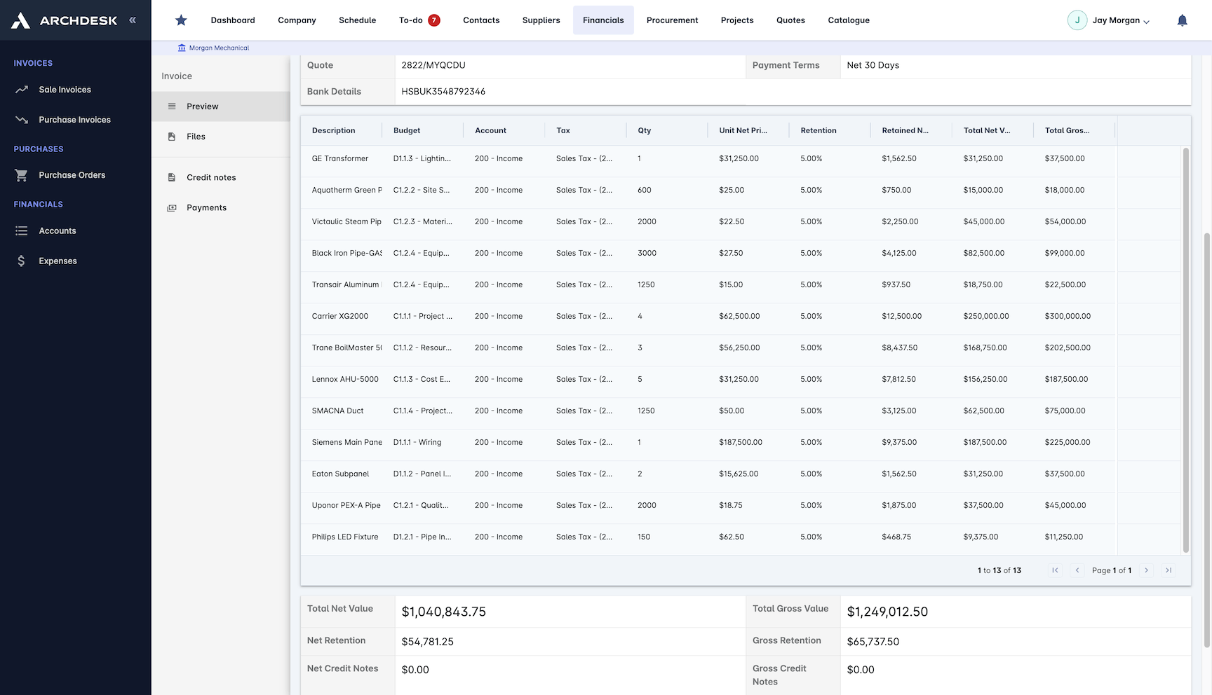 Retainage Management screenshot