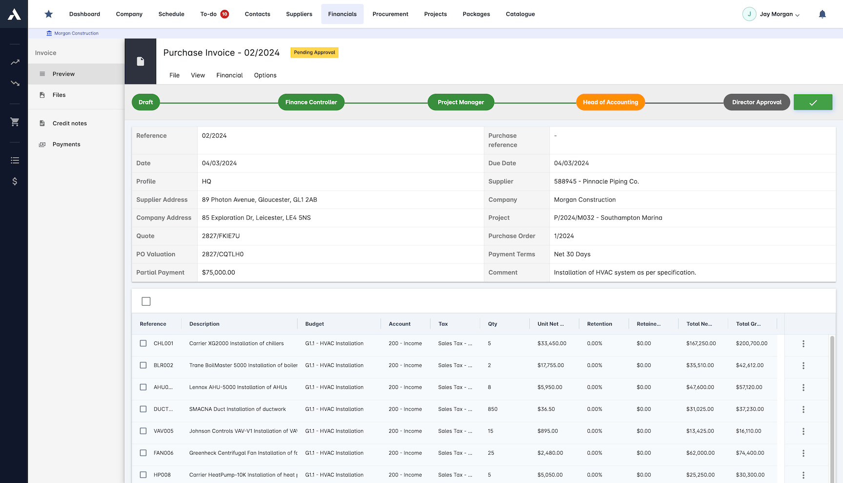 Actuals and Invoice Matching screenshot