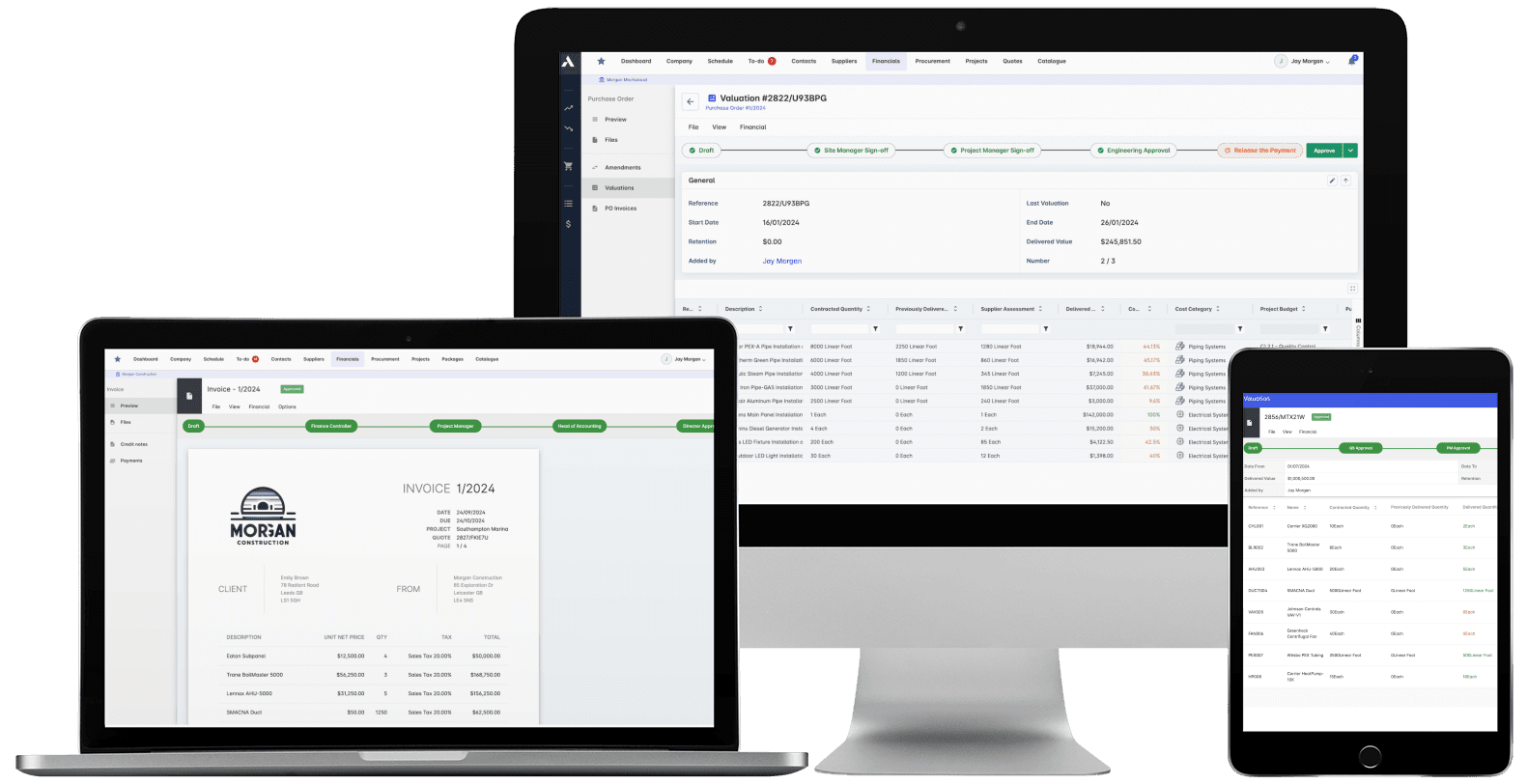 Archdesk subcontractor pay application with sign-off stages alongside an owner invoice