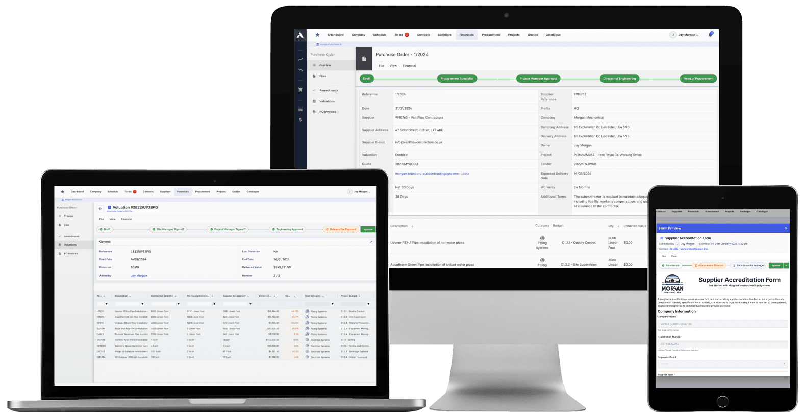 Archdesk procurement screens: purchase order approval workflow, subcontract valuation and supplier accreditation form