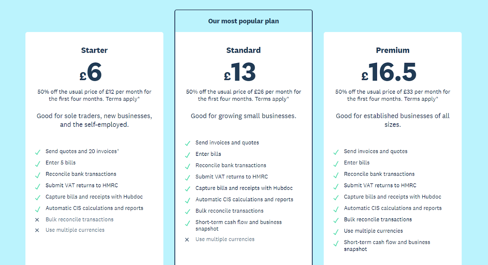 Xero Pricing Plan divided into three columns from starter to premium option