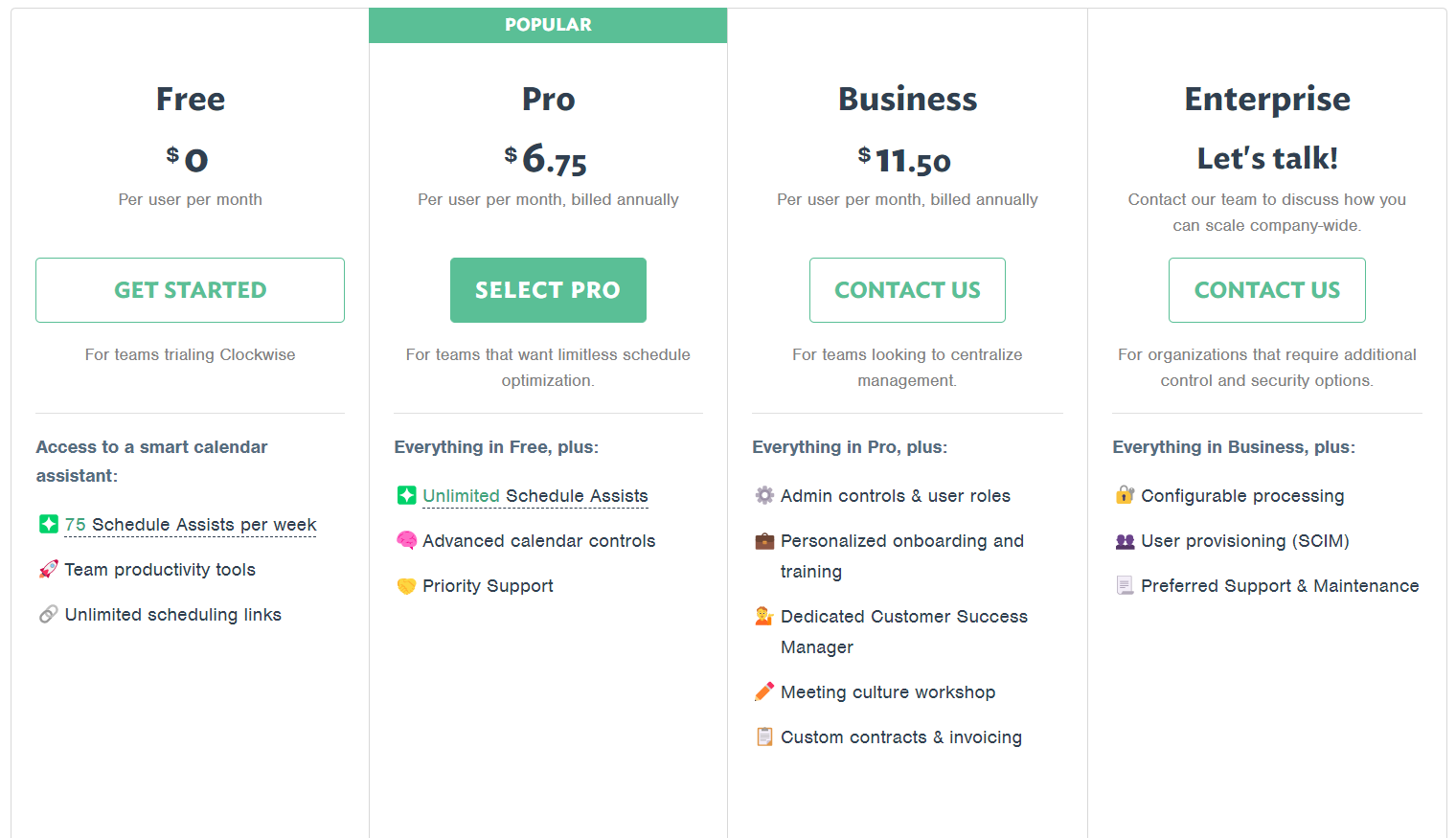 Clockwise pricing plan divided into 4 columns from a free version to an enterprise one