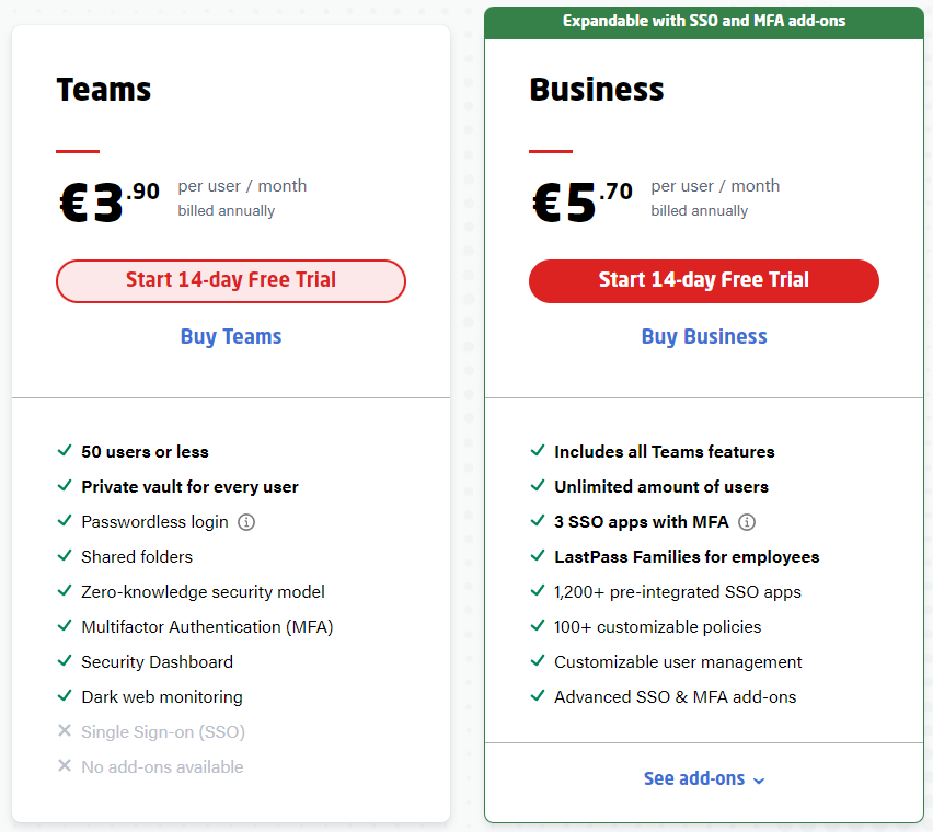 LastPass pricing plan divided into two columns starting from 3.90$ per month