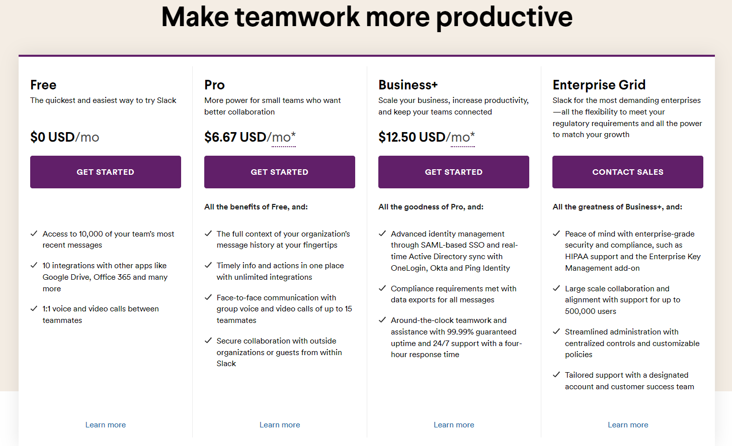 Slack pricing plan divided into 4 columns from a free option to enterprise version