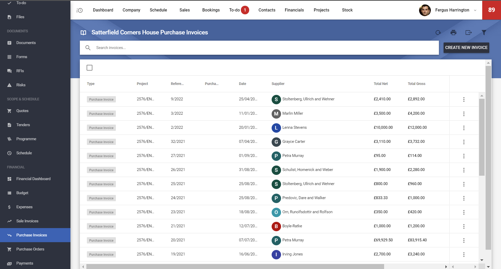 View on a financial dashboard with all project purchase invoices in Archdesk construction software