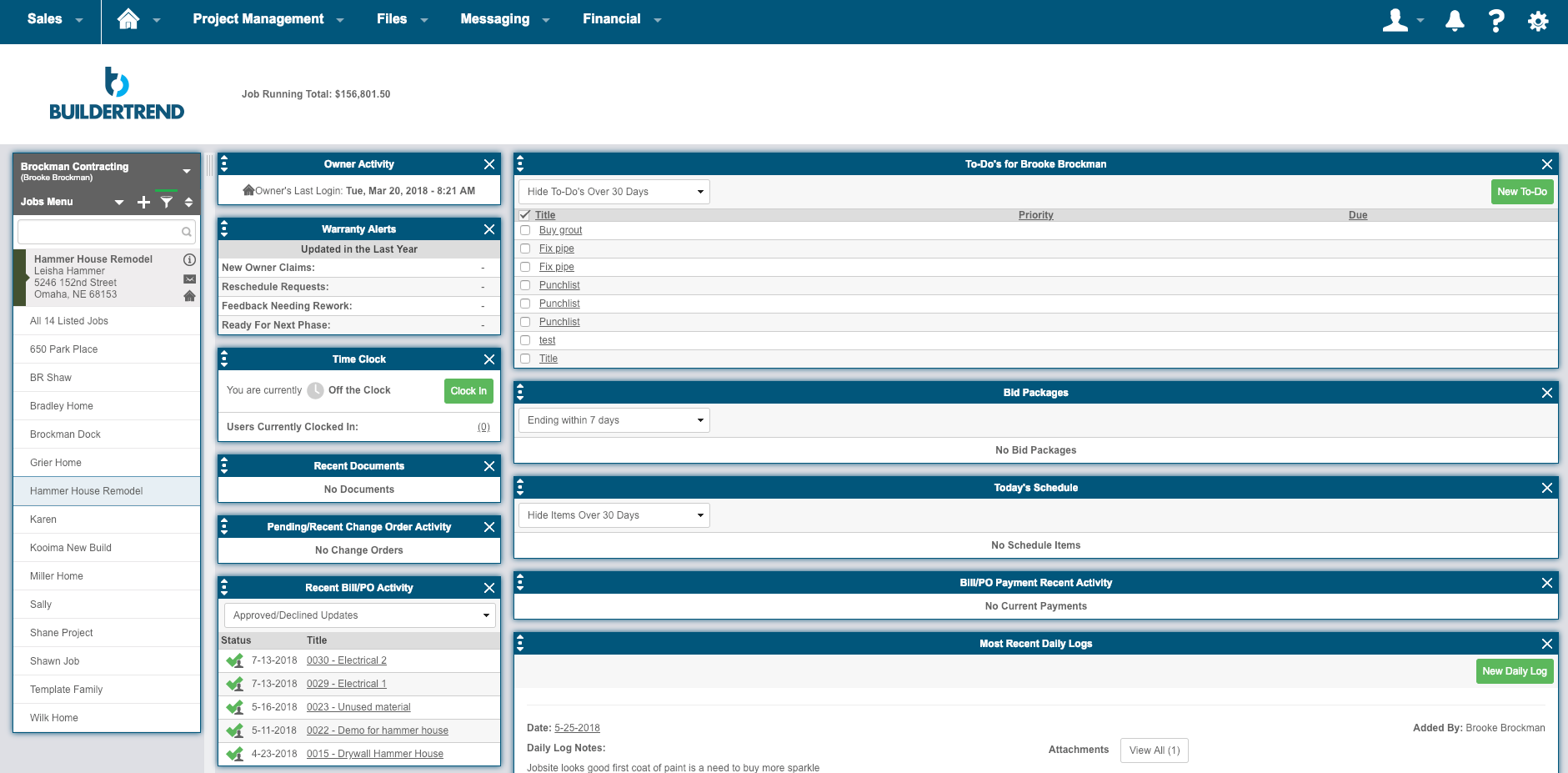 View on project data details in Buildertrend construction project management software