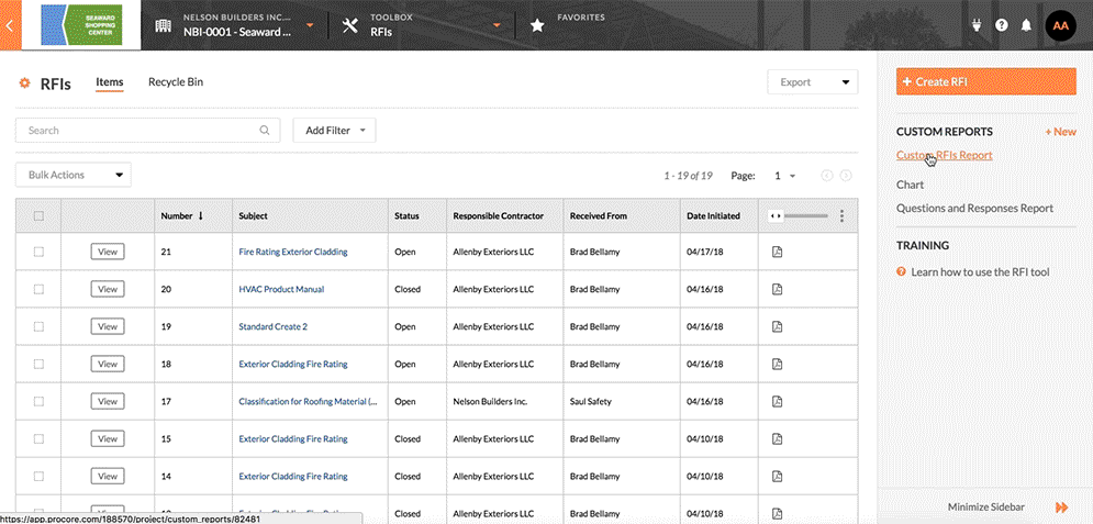 View on the custom RFI report in Procore construction management software