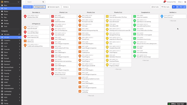 View on a project Kanban Board in Fieldwire construction software/><p style=