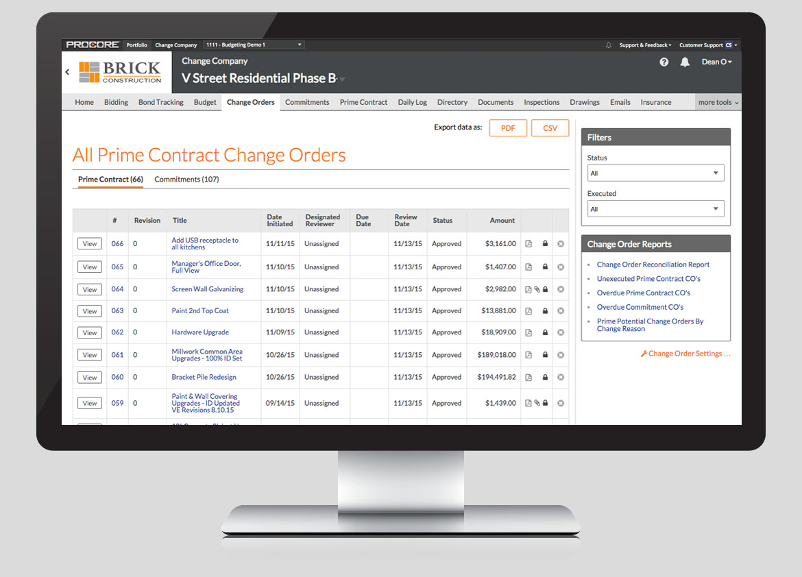 View on Prime Contract Change Orders visible in Procore management platform