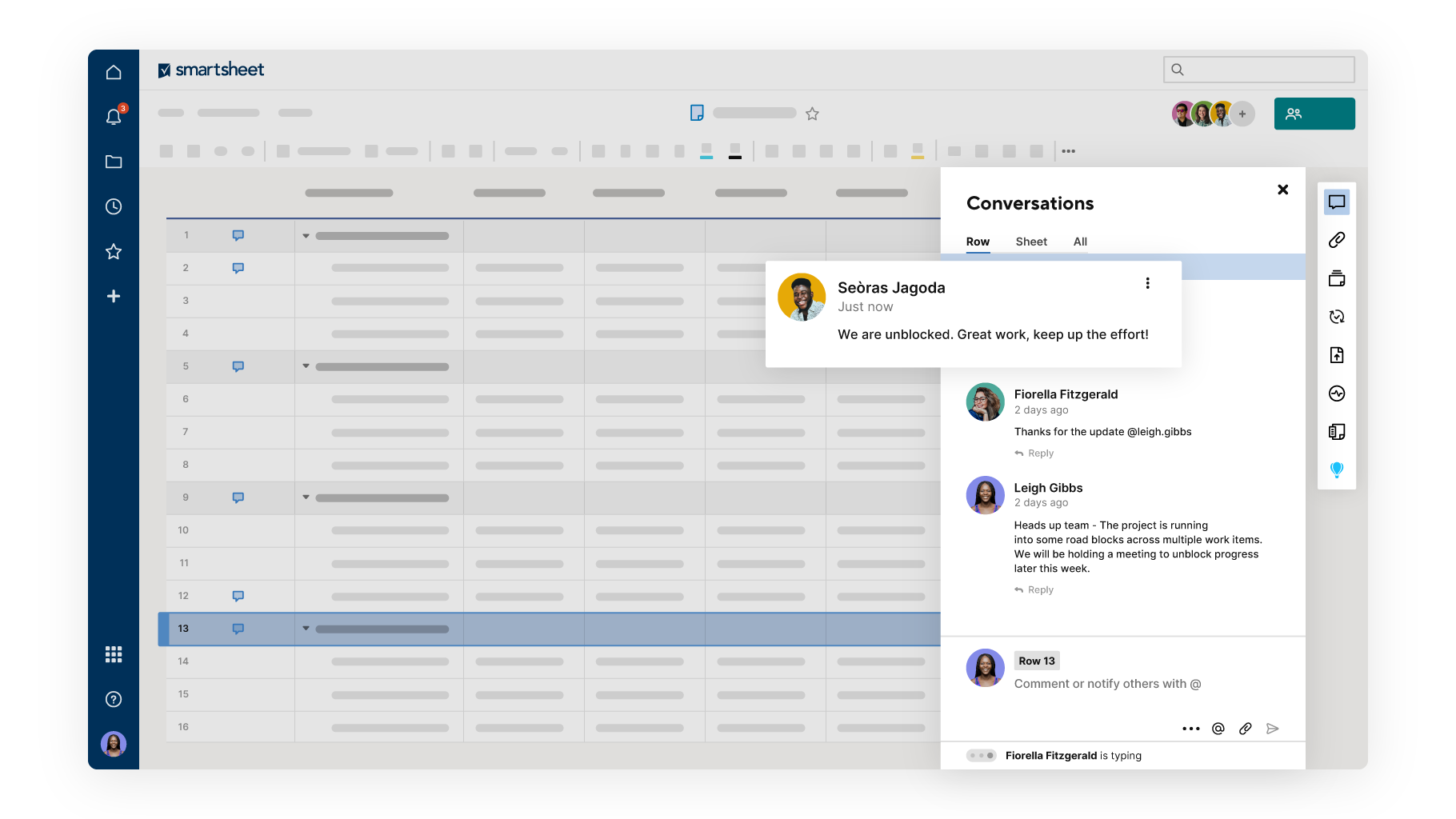 View on team conversation displayed in Smartsheet software