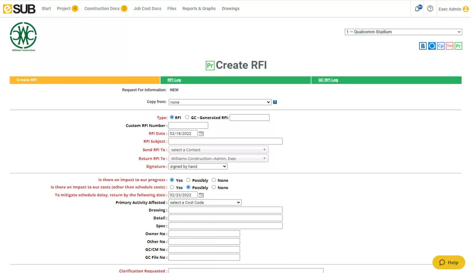 View on an RFI in the process of creating in eSUB project management application