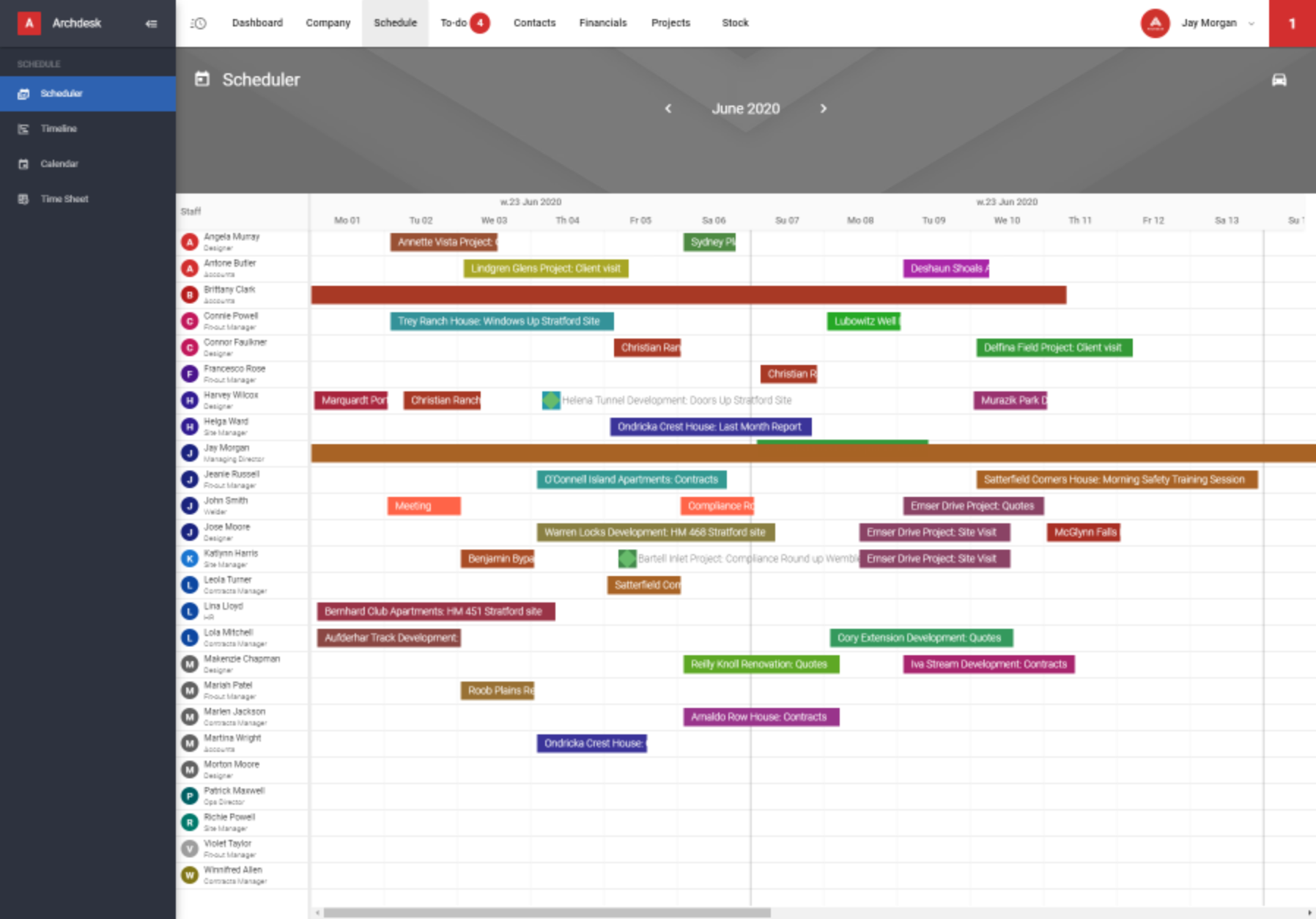 View on the employees' schedules in Archdesk