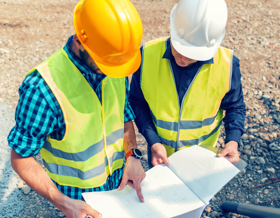 two workers standing and analysing construction plans
