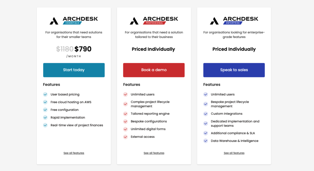 Archdesk Pricing Packages for Essential, Professional and Enterprise