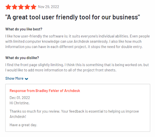 Screenshot of an online review of Archdesk construction software