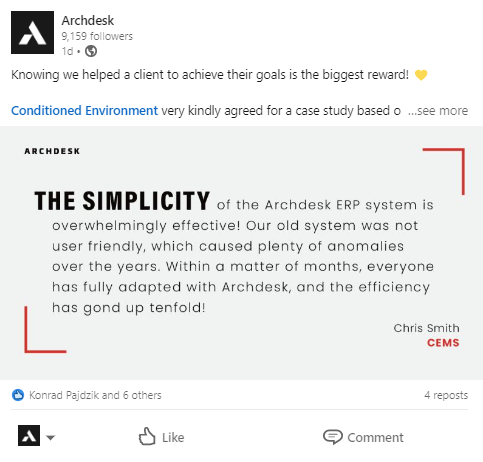 Screenshot from Linkedin in with Archdesk's Feedback Friday campaign