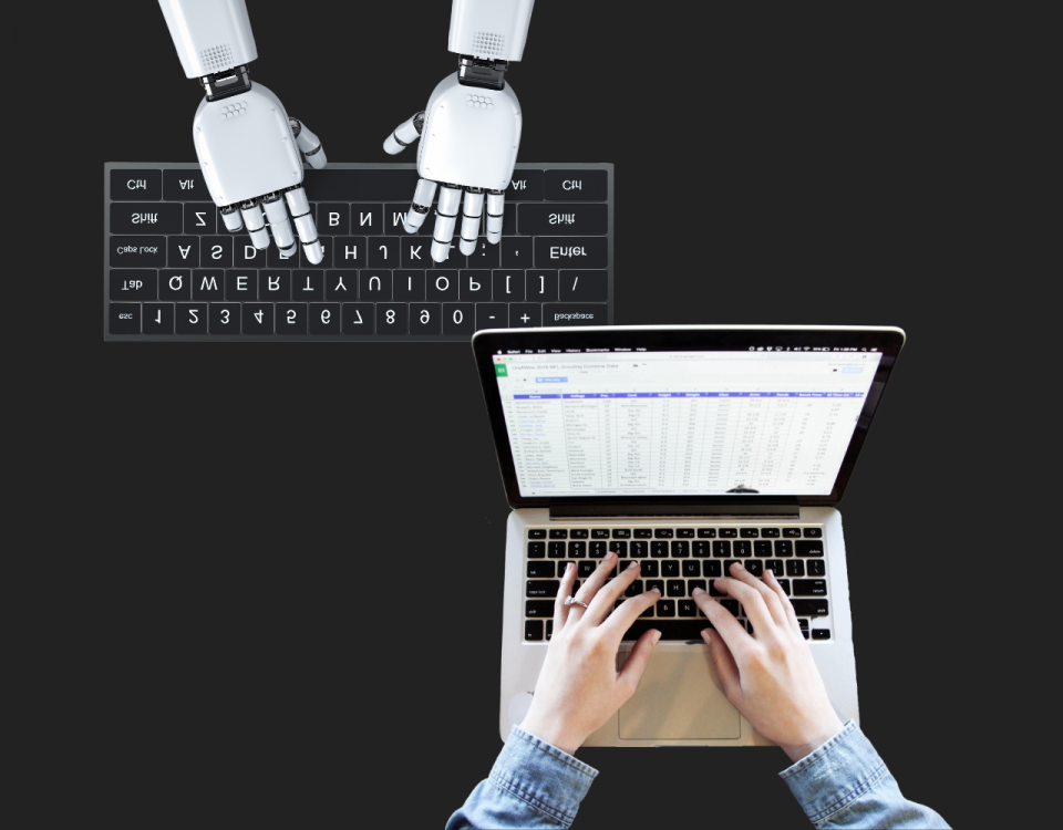 Person typing on a laptop woth spreadsheet opened next to a robot typing on a keyboard