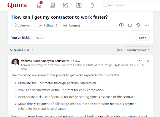 View of a construction topic on Quora Forum