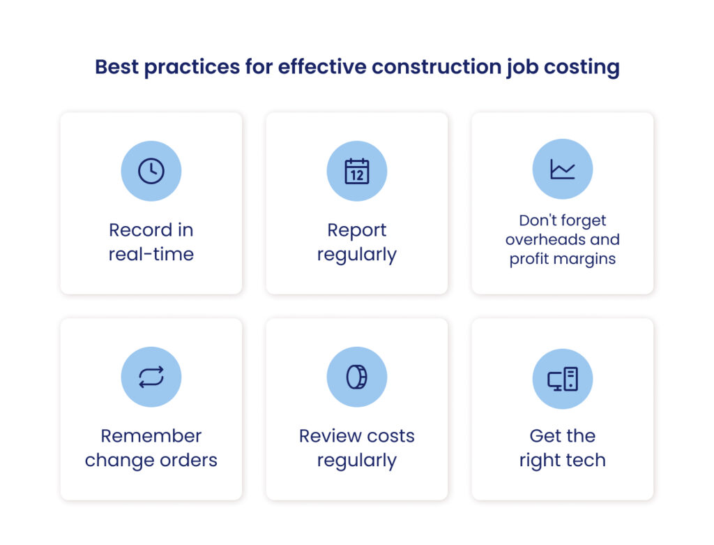 6 icons showing the best practices for effective construction job costing