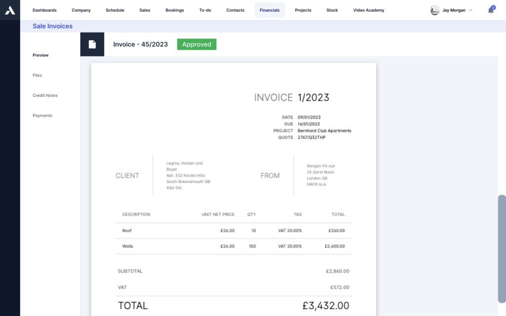 Screen with Archdesk app invoicing module