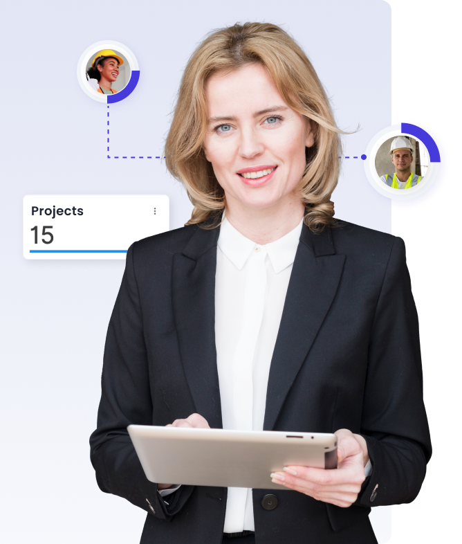 Smiling middle-aged business woman holding a tablet with Archdesk software elements floating around her