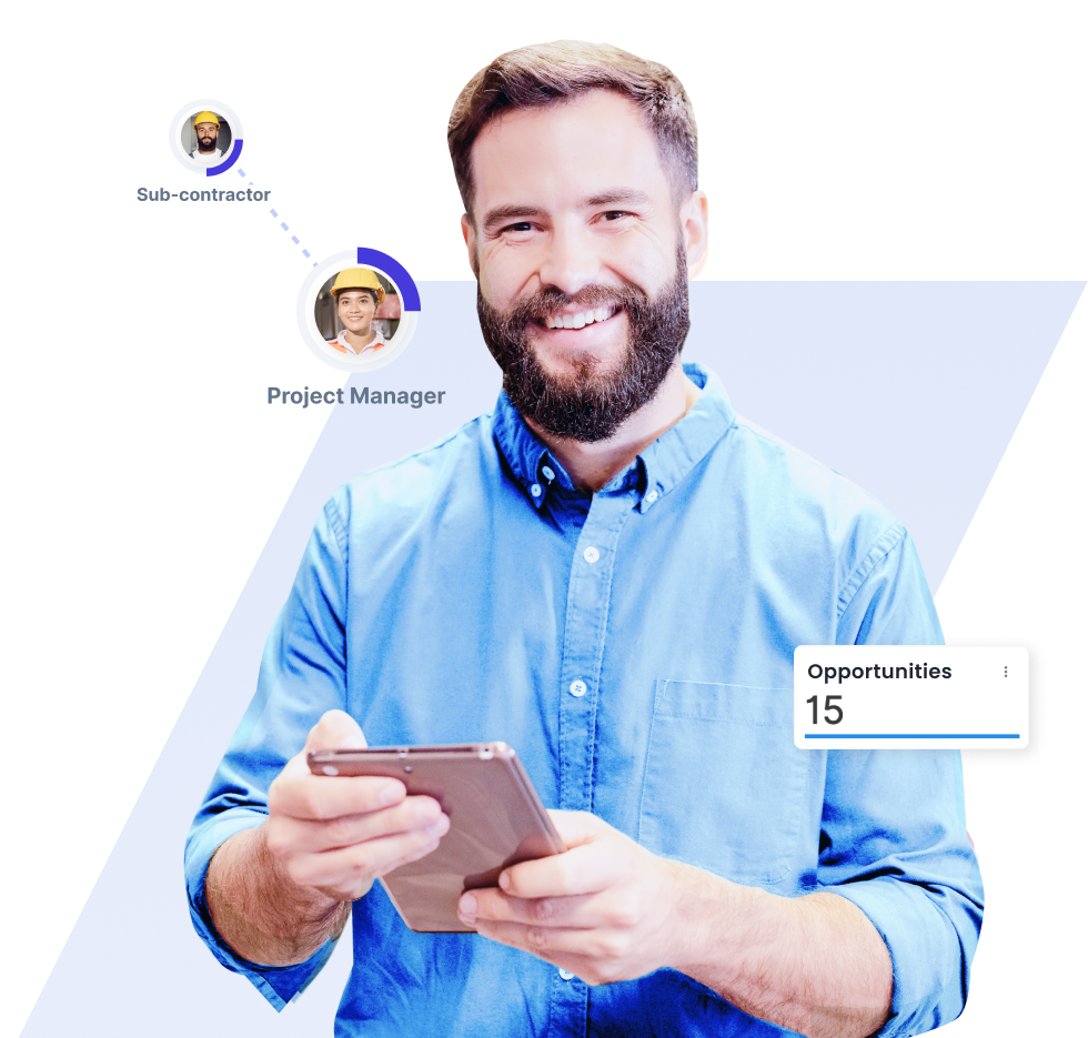 hero section image with smiling man holding a tablet with software elements floating around him